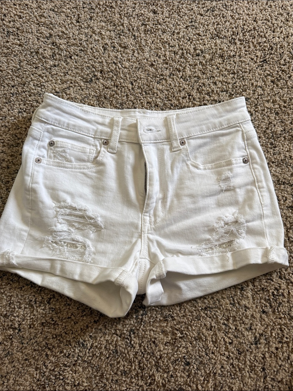 American Eagle Hi Rise Shortie White Distressed Cuffed Denim Shorts